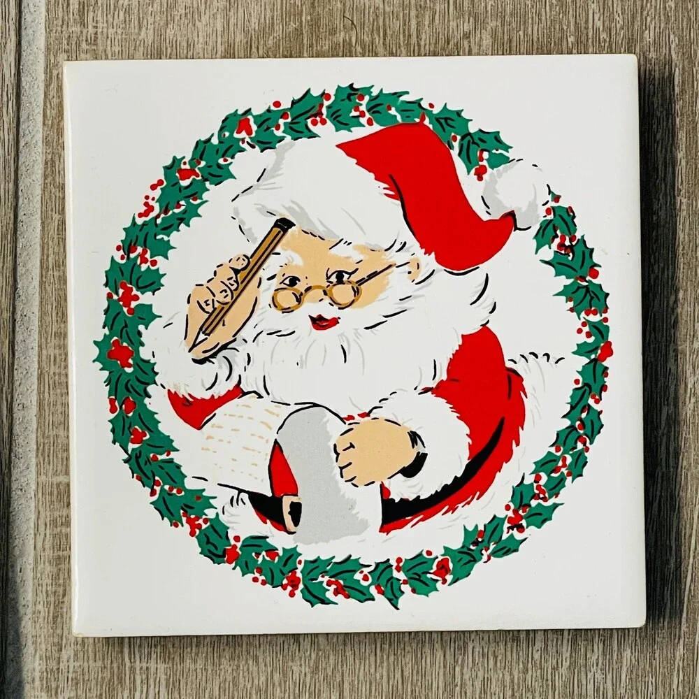 2 Vintage Jasco Christmas Tile Trivets Carolers Santa Coasters 1981
